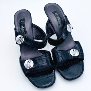Brighton 9.5 Women's Blk Leather Double Strap Heels Sandals Vanity Silver Italy
